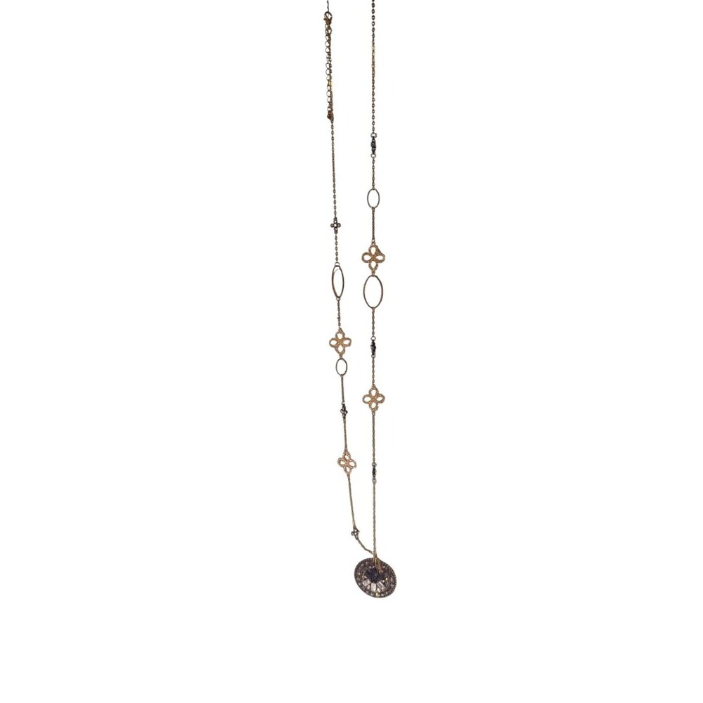 Gold-Tone Long Necklace W/ Black Gem Pendant & Floral Links By N By Noir